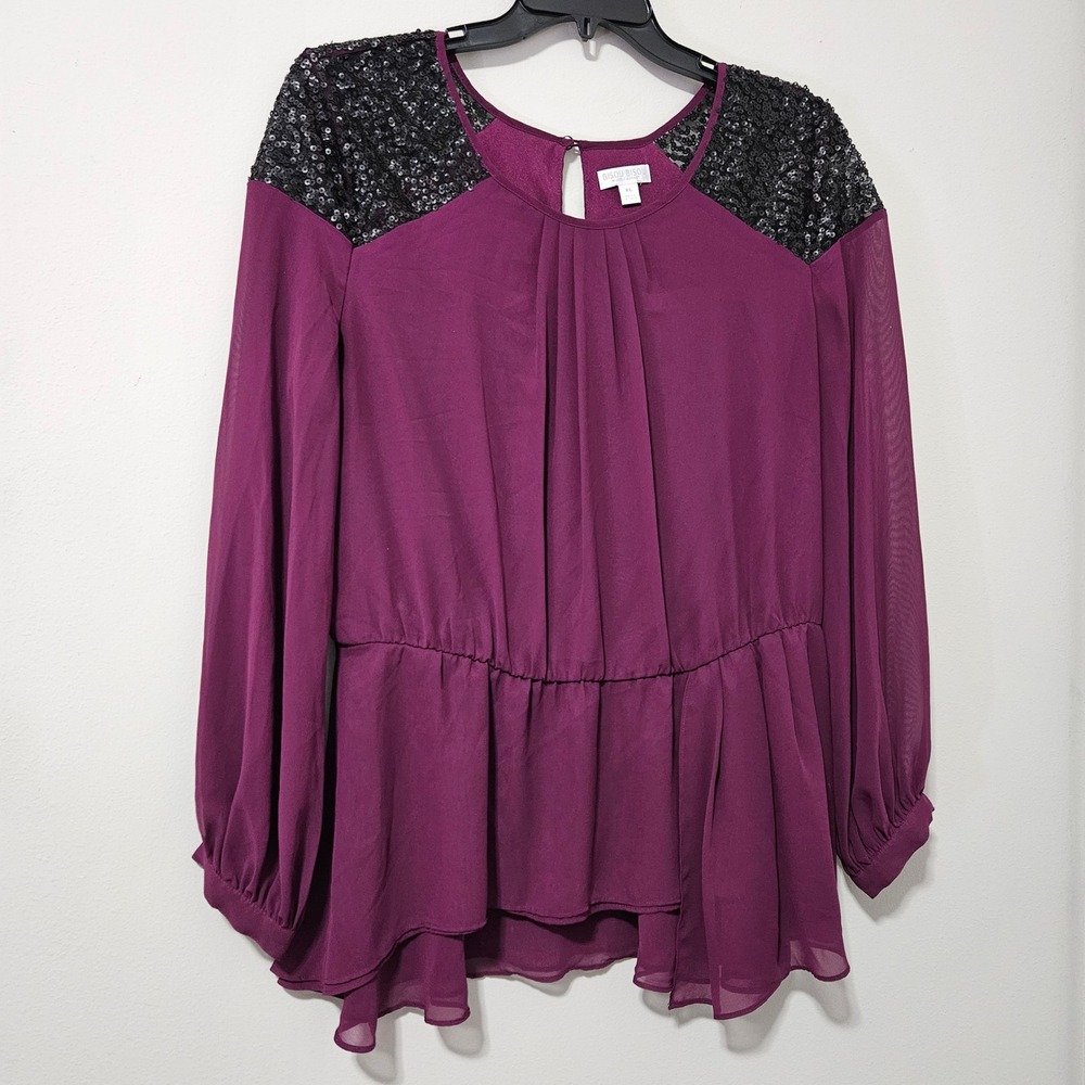 Bisou Bisou Michele Bohbot Womens XL Purple Sequin Peplum Blouse Long Sleeve Top